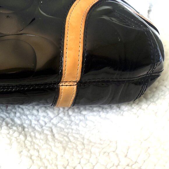 Vintage Coach Peyton Black Patent-Leather Shoulder Bag Tan Leather Trim - Picture 10 of 12
